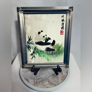 Burnes of Boston Panda Bamboo Asian Framed Art Silk Embroidery Wall Decor